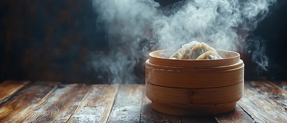 Steaming Dumplings in Bamboo Steamer on Rustic Wooden Table