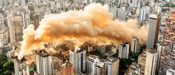 Urban Landscape with Smoke Rising from City Buildings at Sunset