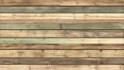 Horizontal wooden planks in various shades of brown, beige, and muted green.  Different wood tones create a textured surface