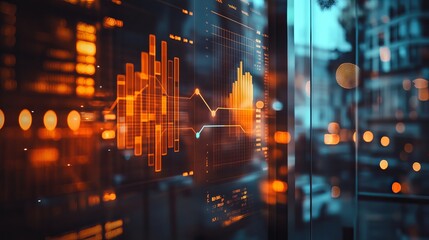Dynamic financial data display on modern screen showing orange and blue graphs dark city chart stock