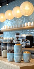 Stylish Coffee Shop Interior with Elegant Cups and Decorative Lighting