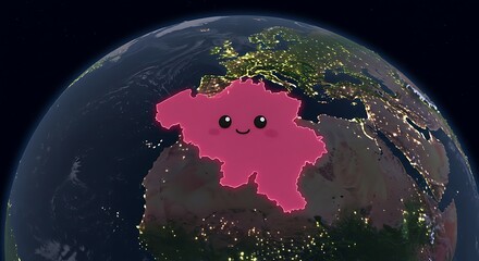 3d cute illustration, belgium from space on model of planet earth at night with city lights 3d illustration, subject on the right with radiant pink tones, ample copy space on the left.
