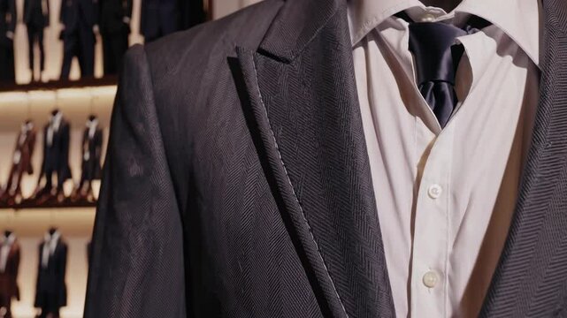 Close-up video of a tailored suit jacket on a mannequin in a boutique. Eye-level angle emphasizes texture and elegance of formal menswear.