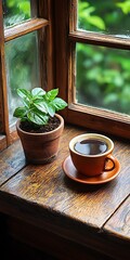 Cozy Window Scene with Coffee Cup and Potted Plant in Natural Light
