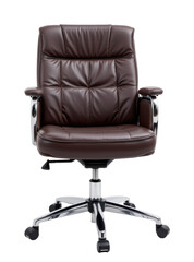 Modern dark brown leather office chair with padded armrests and chrome base on wheels for comfort and mobility