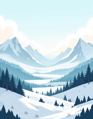 Fototapeta premium Serene Snowy Mountain Valley with Pine Trees and Frozen Lake