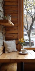 Cozy Wooden Cafe Interior with Fresh Flowers and Coffee Cup