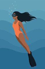 Summer and vacation. Vector illustration of a tanned woman or girl diving on vacation, swimming underwater in a mask and fins. Depth, underwater world, harmony. For tourism projects, travel
