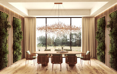 Modern dining room with nature inspired decor and large windows