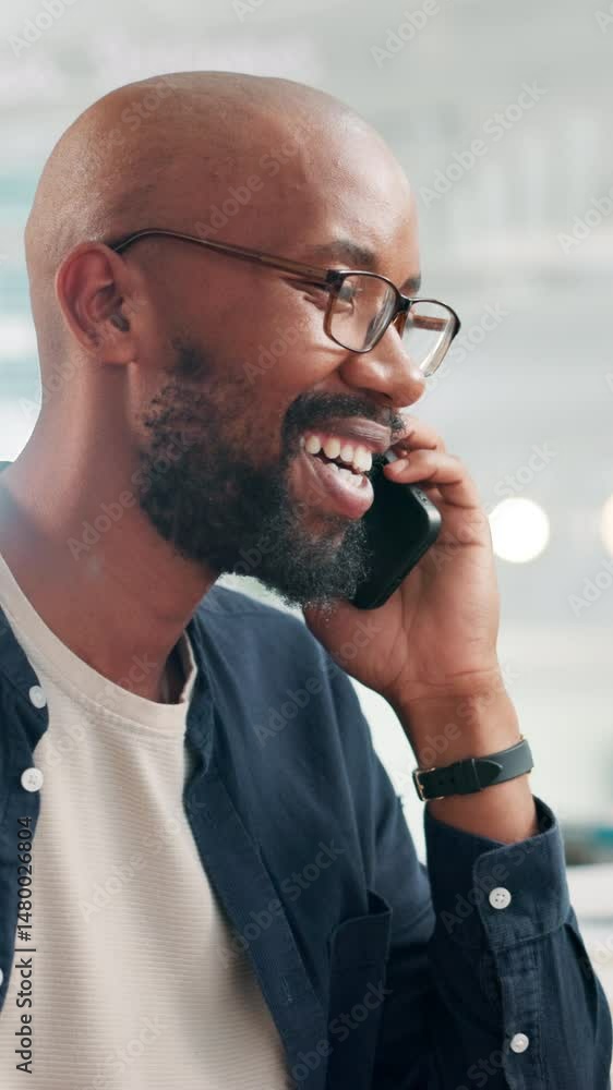 Poster design, phone call and smile of business black man in office for communication, consulting or update