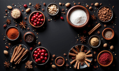 Spices and Berries Arrangement on Dark Background