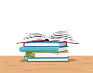 Stacked Books on Wooden Table with Open Book Topping