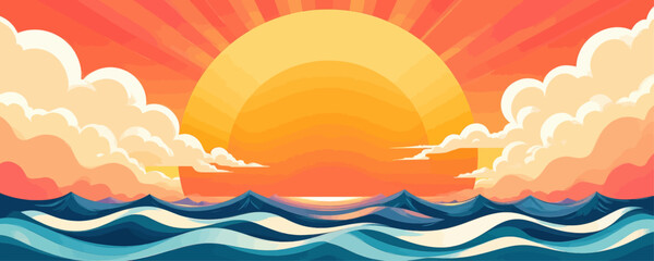 Fototapeta premium Stylized Ocean Sunset with Clouds and Waves