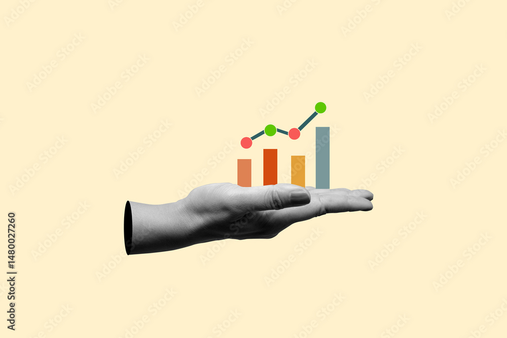 Poster human hand showing a graph bar with dots line chart on his hand with a colored background. concept o