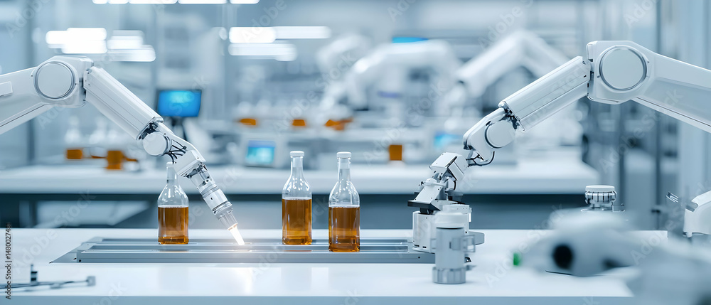 Poster modern automated robotic arms handling bottles in a clean lab