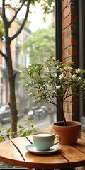 Cozy Café Scene with Coffee Cup and Potted Plant on Table