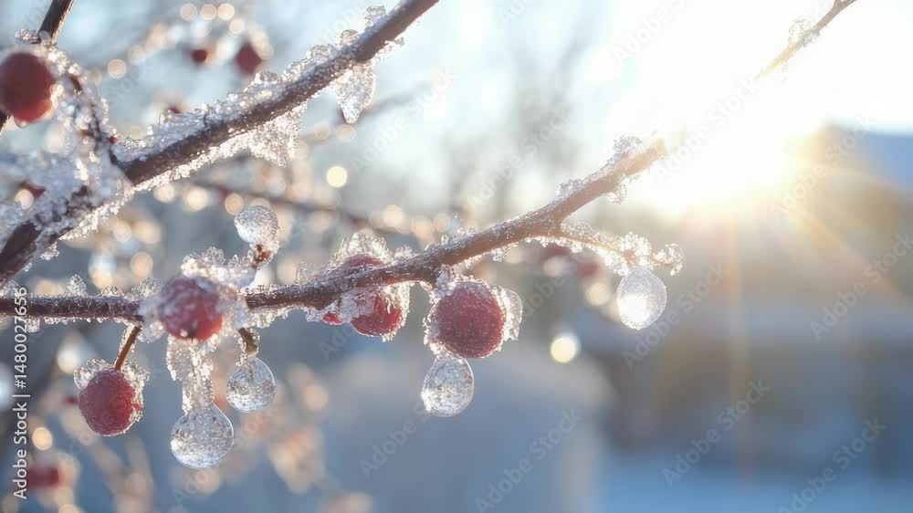 Poster close-up shot of a tree frozen with ice