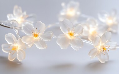 Luminous cherry blossom string lights create a soft and inviting glow in the room