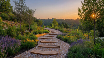 Food forest design in a regenerative landscape with multi-layered plants, fruit trees, shrubs, vines, and groundcovers