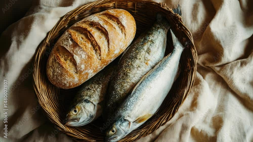 Poster fresh fish and bread in a wicker basket