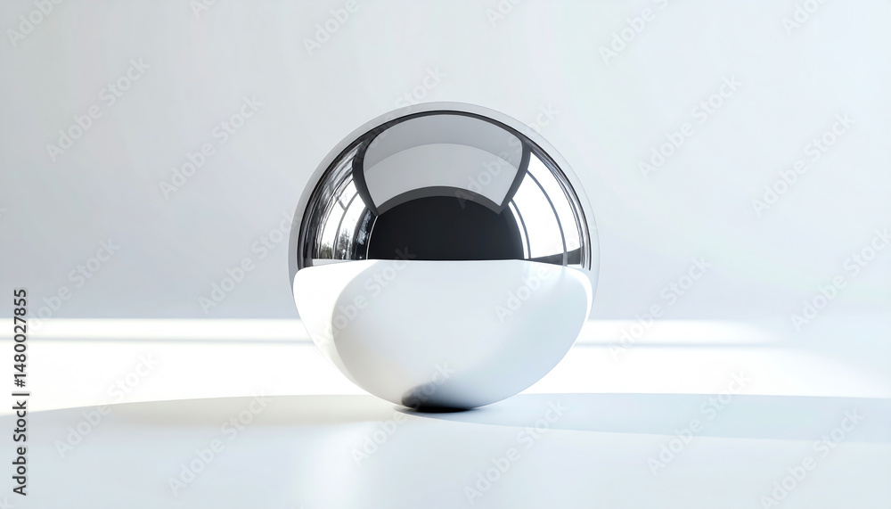 Aufkleber a reflective metallic sphere sits on a smooth surface, illuminated by soft light, creating a minimal