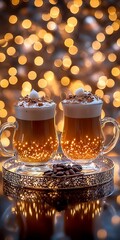 Warm Coffee Drinks with Cream and Bokeh Background Lights