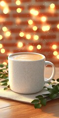 Cozy Morning Coffee with Sparkling Lights and Green Leaves Background