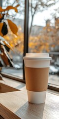 Coffee Cup on Wooden Table with Blurred Autumn Background