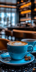 Blue Coffee Cup with Latte Art on Table in Stylish Cafe