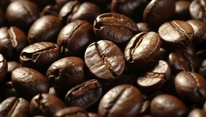 An overhead close-up shows a heap of rich, brown, freshly roasted, aromatic coffee beans.