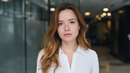 Naklejka premium Confident Young Woman in White Shirt Professional Portrait in Modern Building