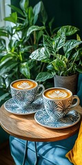 Two Beautiful Coffee Cups with Latte Art and Green Plants Decor