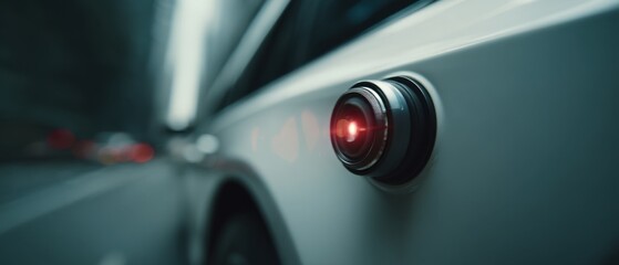 White Car with Sensor Driving in Tunnel at Night Close Up Automotive Technology Transport Safety Innovation