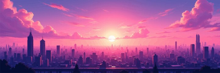 Vibrant City Sunset Skyline with Pink Clouds and Silhouettes