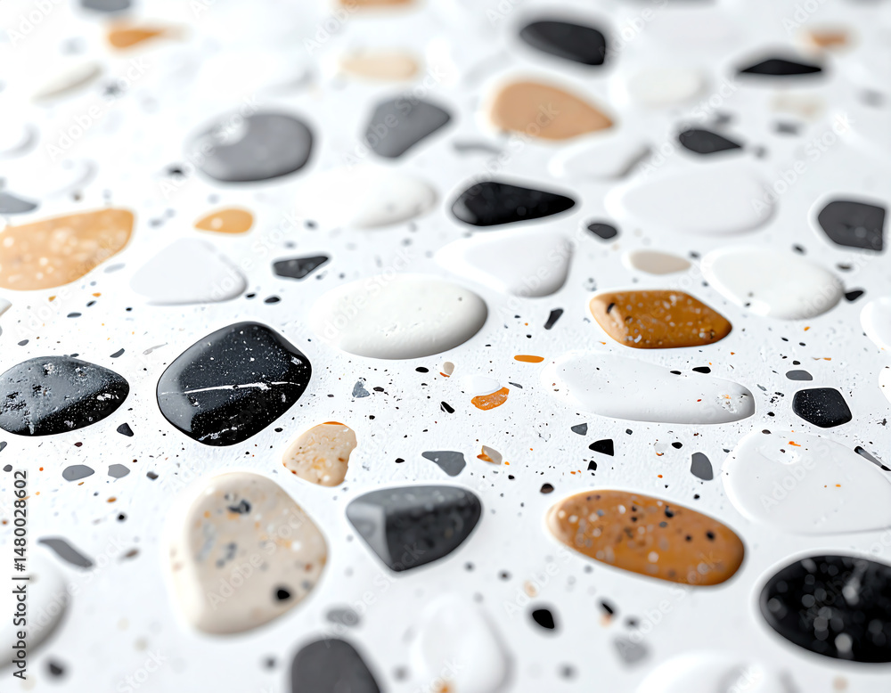 Poster a close-up view of a textured surface featuring various smooth stones in shades of black, white, and