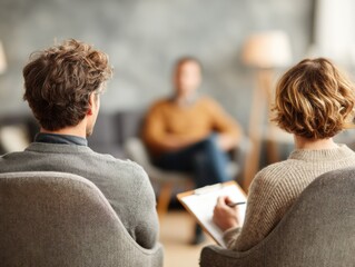 Counseling Session With One Individual Speaking While Two Others Listen and Take Notes in a Comfortable Setting