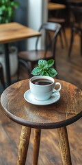 Minimalist coffee cup with plant on wooden table in cafe setting