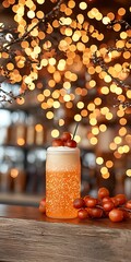 Refreshing Orange Beverage with Cherry Garnish and Festive Bokeh