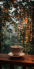 Warm Coffee Cup on Wooden Table with Blurry Bokeh Lights