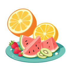 Vibrant Fruit Platter with Watermelon, Kiwi, Strawberries, Lemons, Refreshing Summer Treat