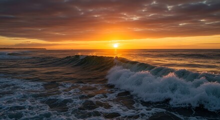 Golden sunset paints the ocean waves a fiery hue breathtaking beauty at its finest