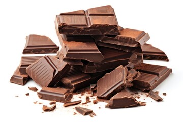 Rich dark chocolate bar broken into pieces with visible texture of the cocoa. Isolated on white background
