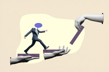 Human hand holding a step for a businessman with a speech bubble walking on it with a colored...
