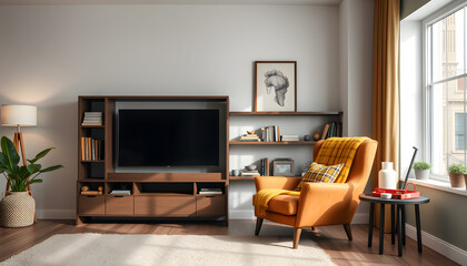 Cozy living room featuring a stylish armchair, elegant shelving, and cheerful yellow plaid accents., cinematic. with white shades