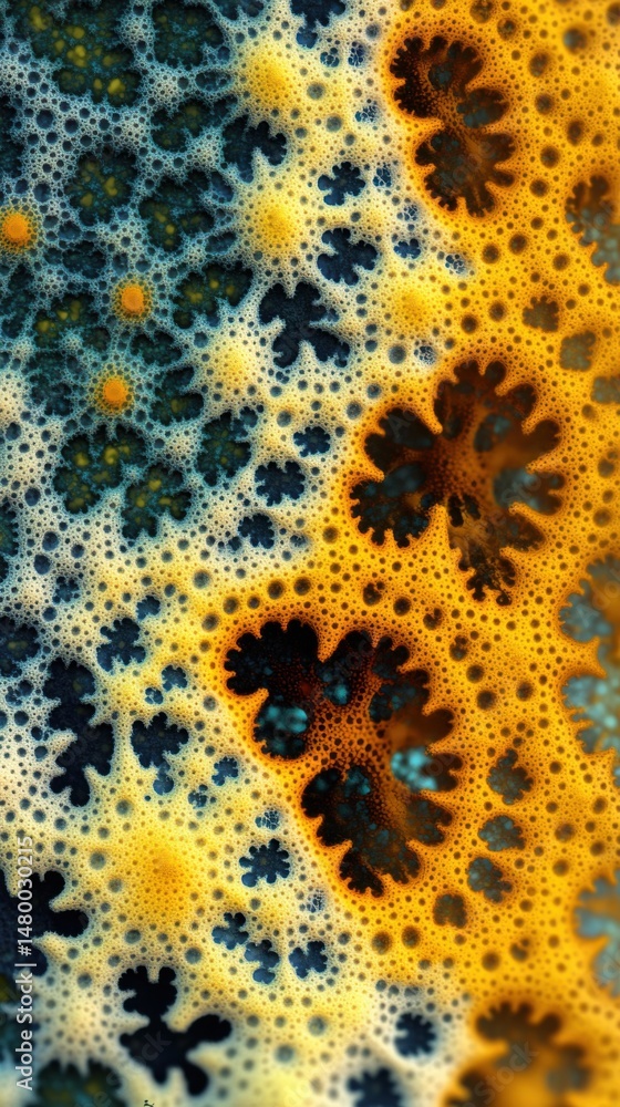 Poster abstract fractal art in yellow and blue tones, macro shot of complex patterns and textures, digital 