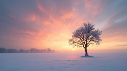 Obraz premium Lonely tree on snowy plain with gentle sunlight of dusk