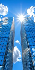Sunlight Reflection on Modern Skyscrapers Against Blue Sky