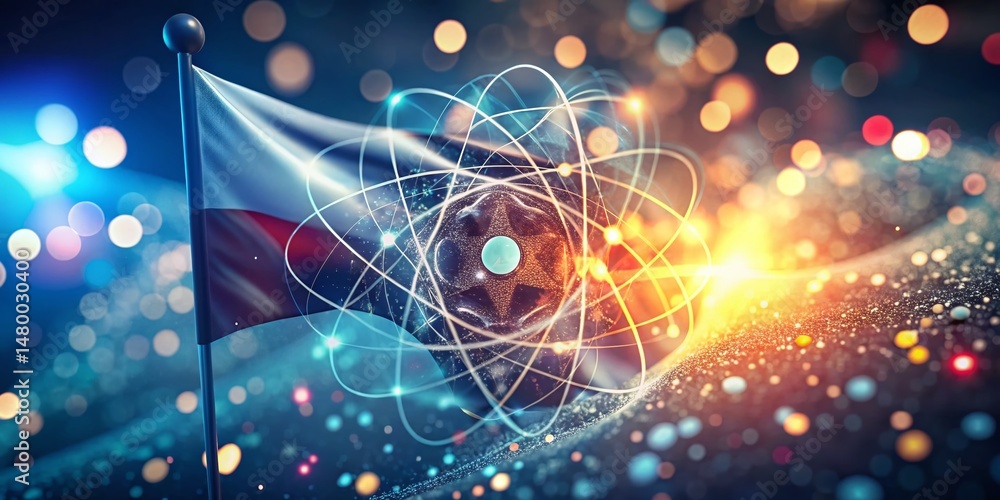 Aufkleber abstract atom design on blurred [specific country] flag background - bokeh effect stock photo