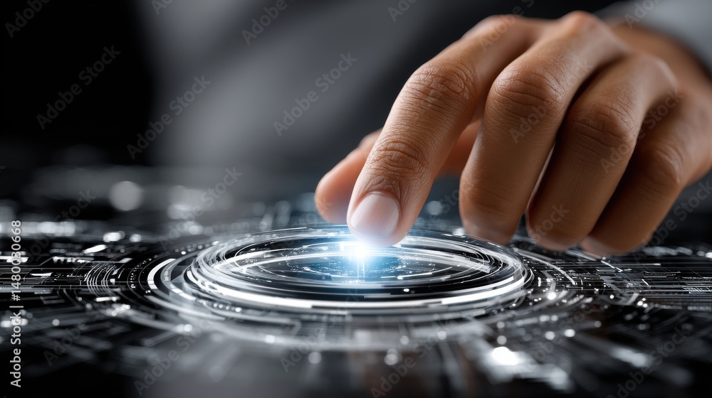 Poster a hand is pointing at a glowing circle on a screen