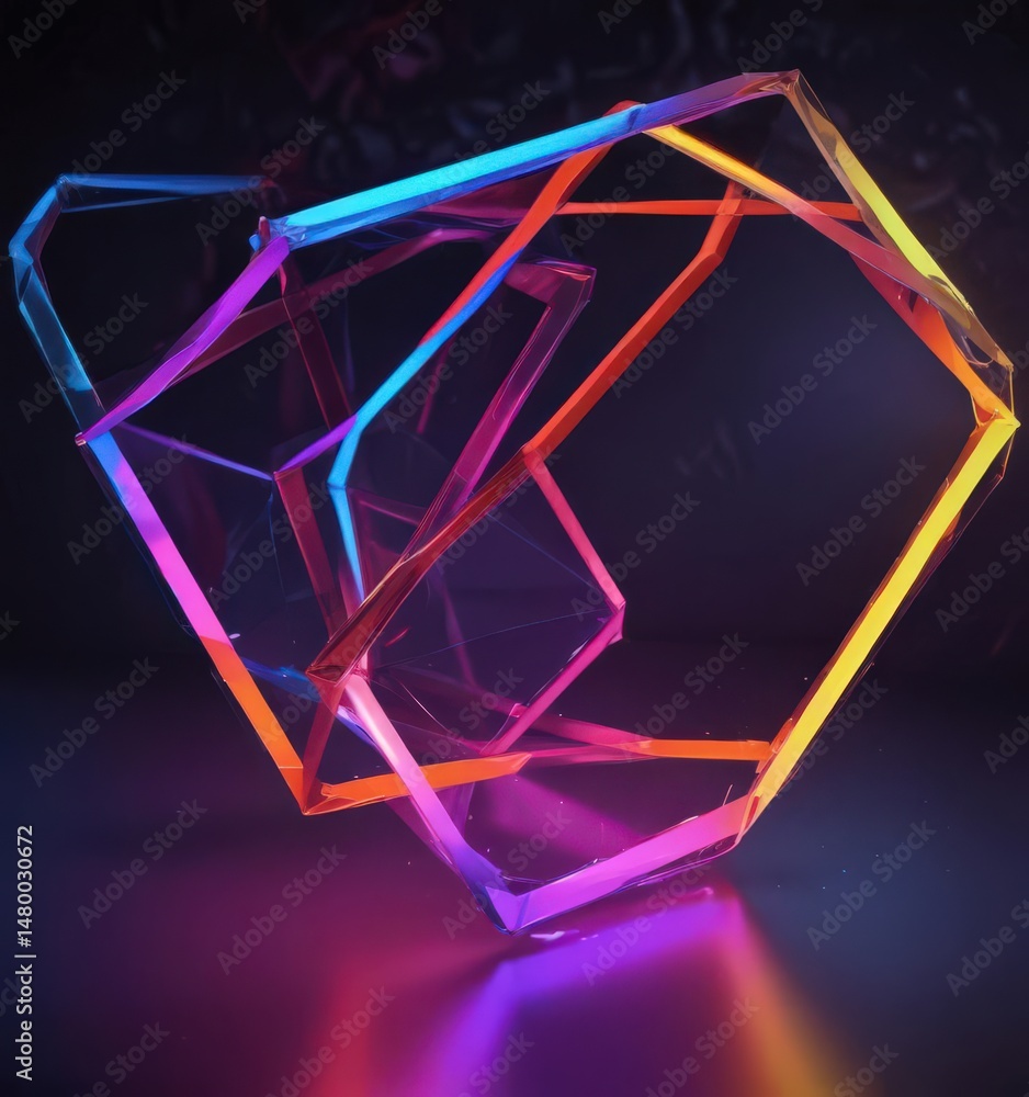 Poster interlocking polygons in neon hues symbolize digital interaction , web, design, shapes